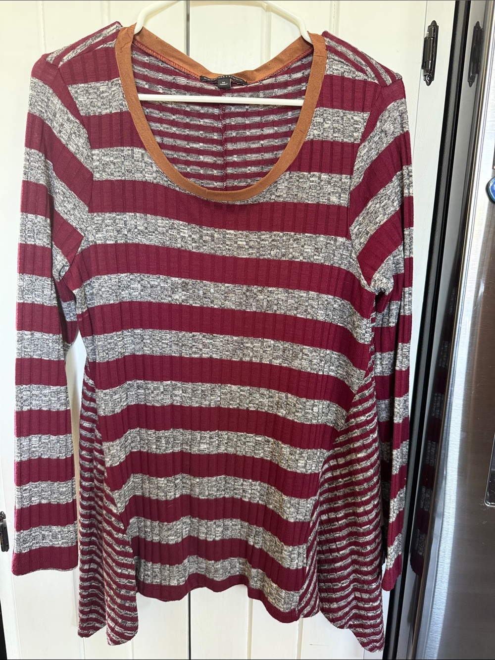 Signature Burgundy and Heather Gray Striped Long-Sleeve Ribbed Tee with Tan Trim